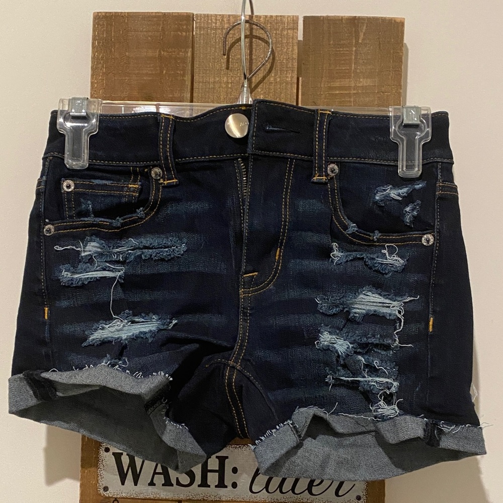 American Eagle Dark Blue Distressed Jean Shorts